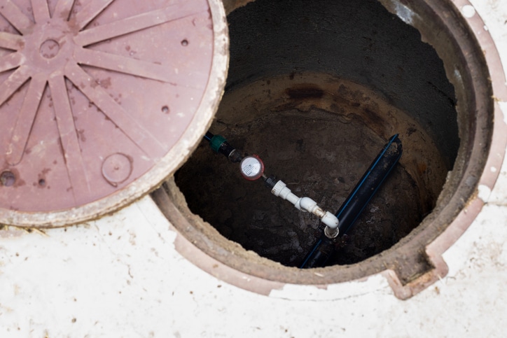 A water meter installed inside an open underground utility access hole with a pink lid.