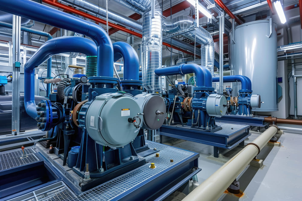 A modern industrial room with large blue machinery, featuring connected pipes and metal components. The space is clean, organized, and highly technical.