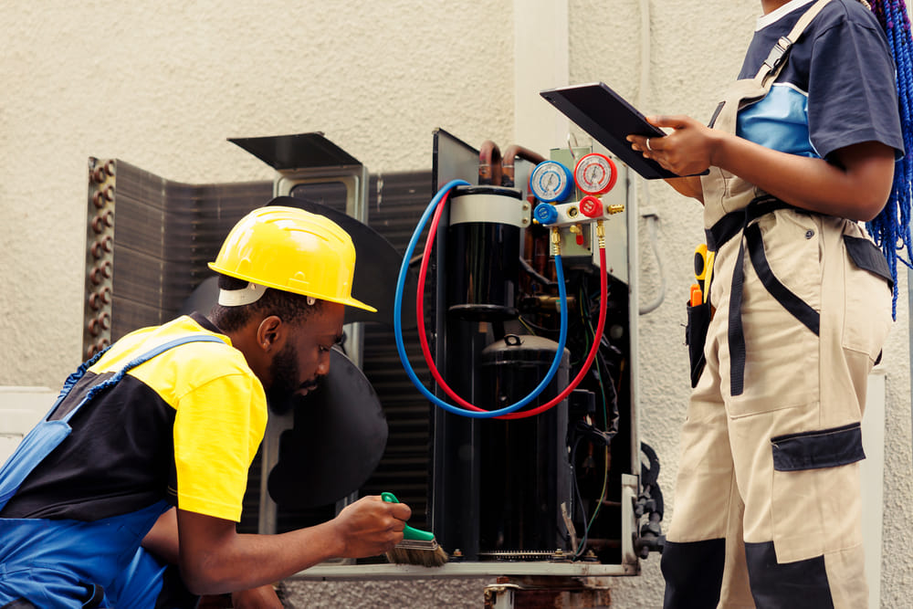Two technicians work on outdoor HVAC unit. One kneels with a tool, wearing a yellow hard hat, while the other stands taking notes on a tablet.