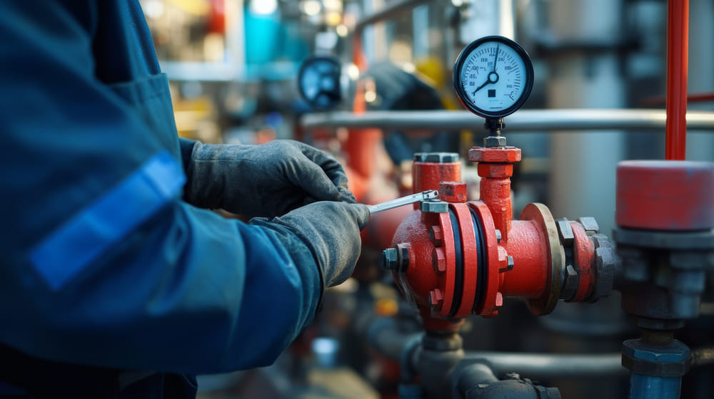 Worker in blue uniform adjusting a red industrial valve with a wrench, surrounded by pipes and a pressure gauge. The scene conveys focus and precision.