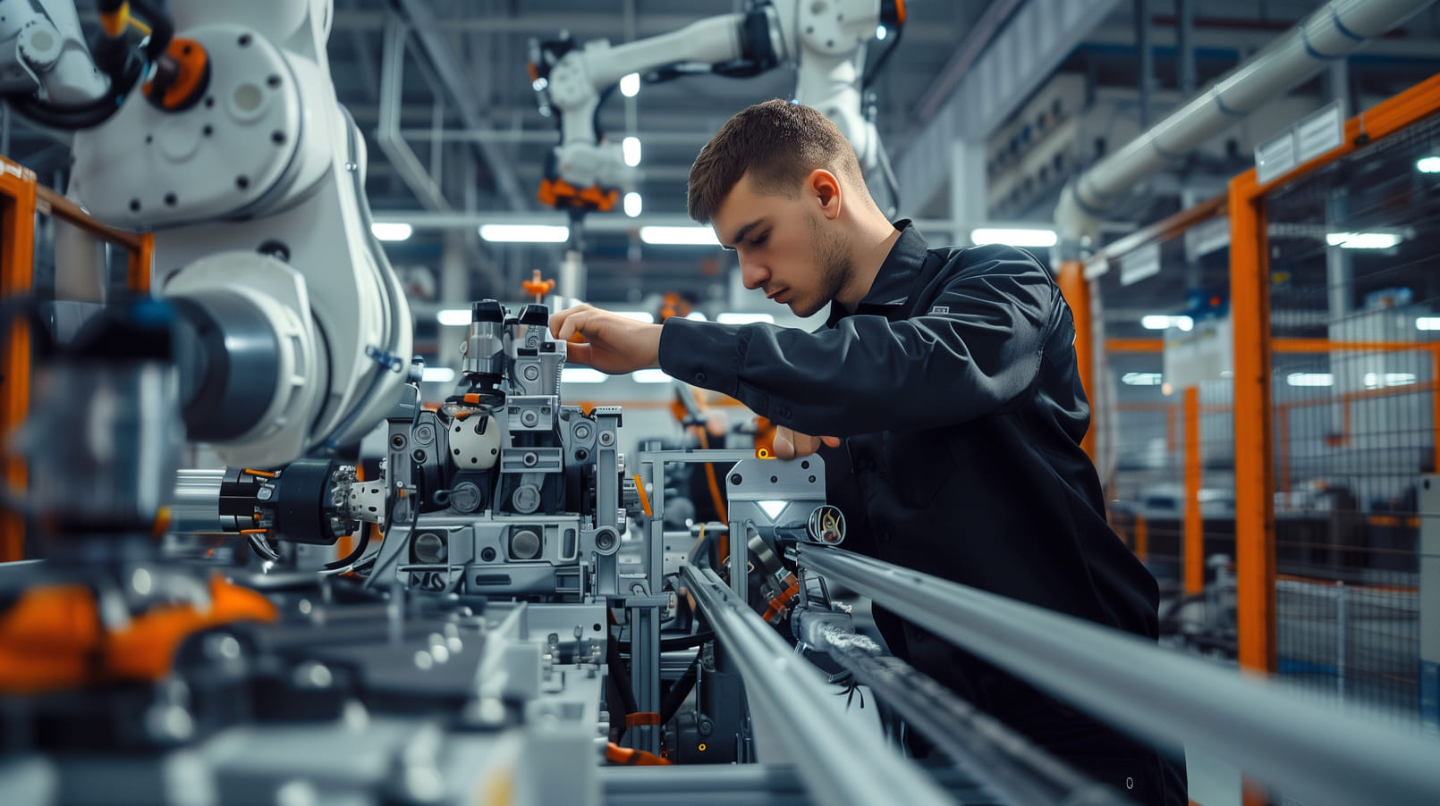 A man in a black uniform adjusts machinery in a factory with robotic arms, creating a futuristic and focused atmosphere of precision and technology.