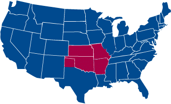 Map of the United States with most states in blue, and four central states—Kansas, Oklahoma, Iowa, and Missouri—in red on a black background.