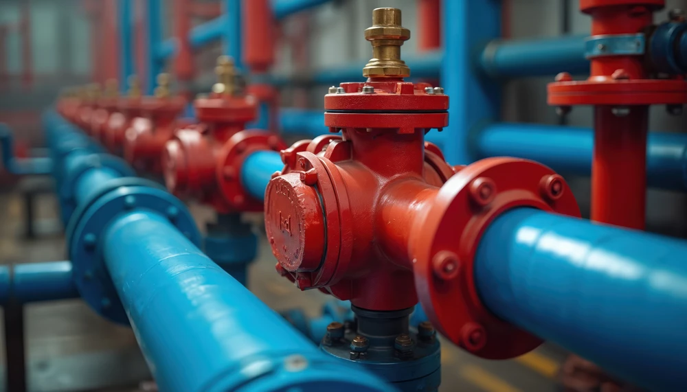 A row of vibrant red valves and blue pipes in an industrial setting. The image conveys a sense of precision and functionality.