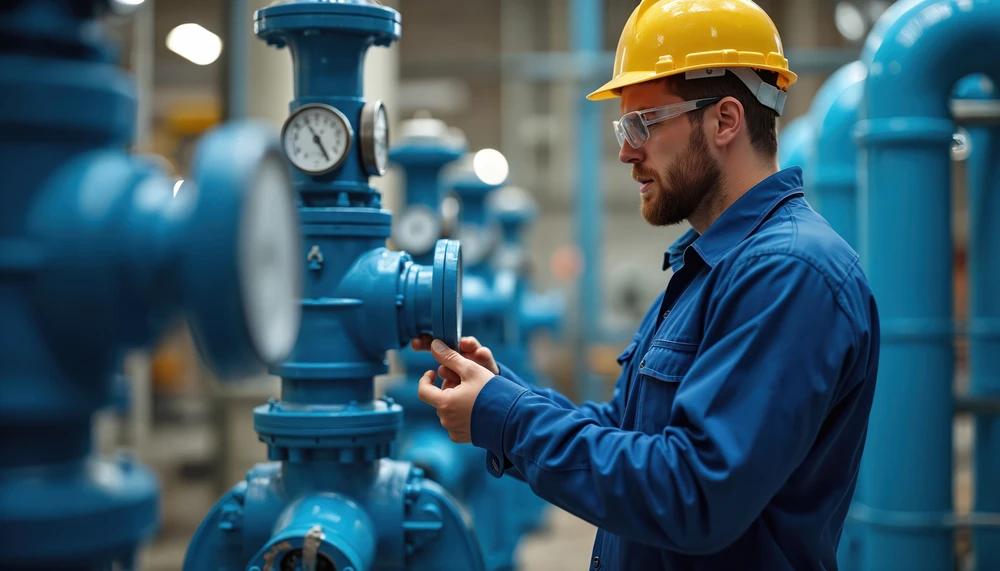 A worker in a blue uniform and yellow helmet adjusts a blue valve in an industrial setting, focusing intently. Gauges and pipes surround him.